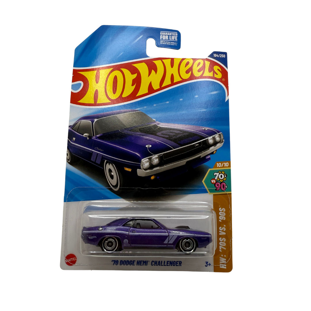 Hot Wheels ’70 Dodge HEMI Challenger – 2024 Mainline 164/250 | HW: ‘70s vs. ‘90s | Purple Muscle Car Diecast 1:64