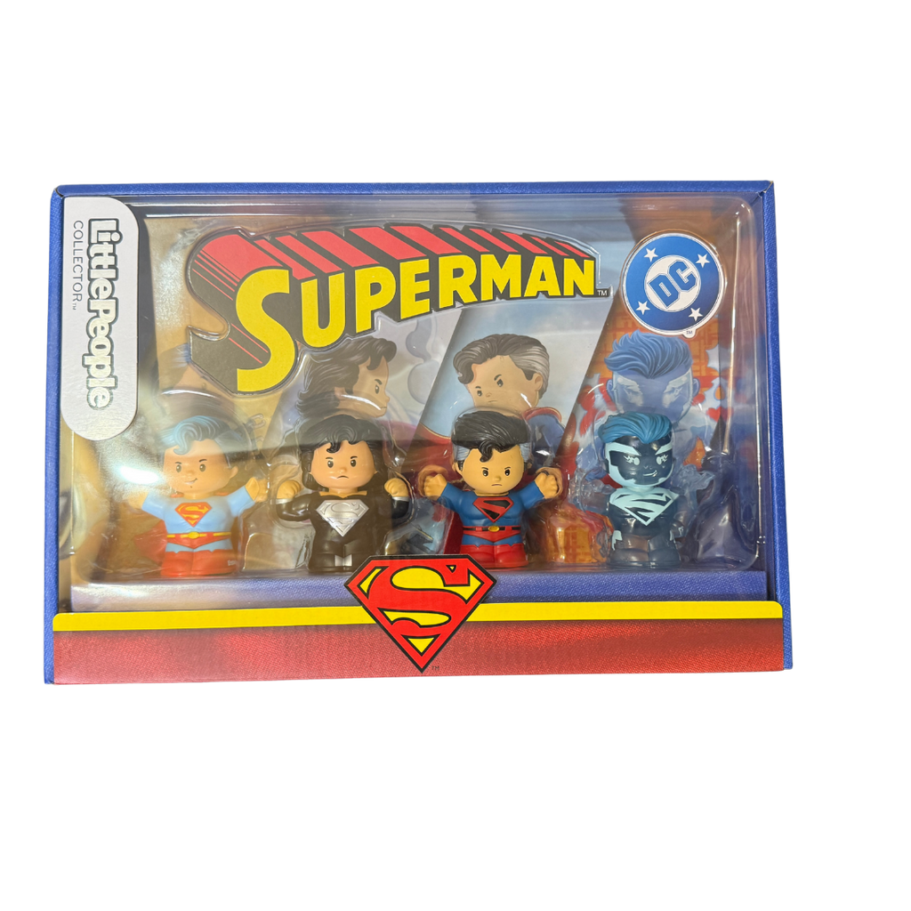 Little People Collector DC Superman Figure Set – Golden Age, Recovery Suit, Kingdom Come & Superman Blue – Mattel Fisher-Price – New in Box