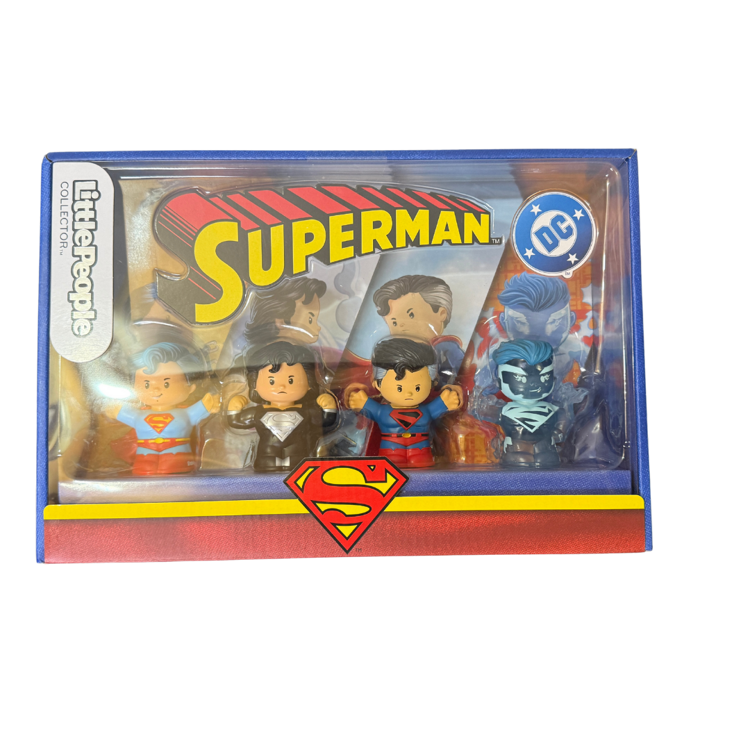 Little People Collector DC Superman Figure Set – Golden Age, Recovery Suit, Kingdom Come & Superman Blue – Mattel Fisher-Price – New in Box