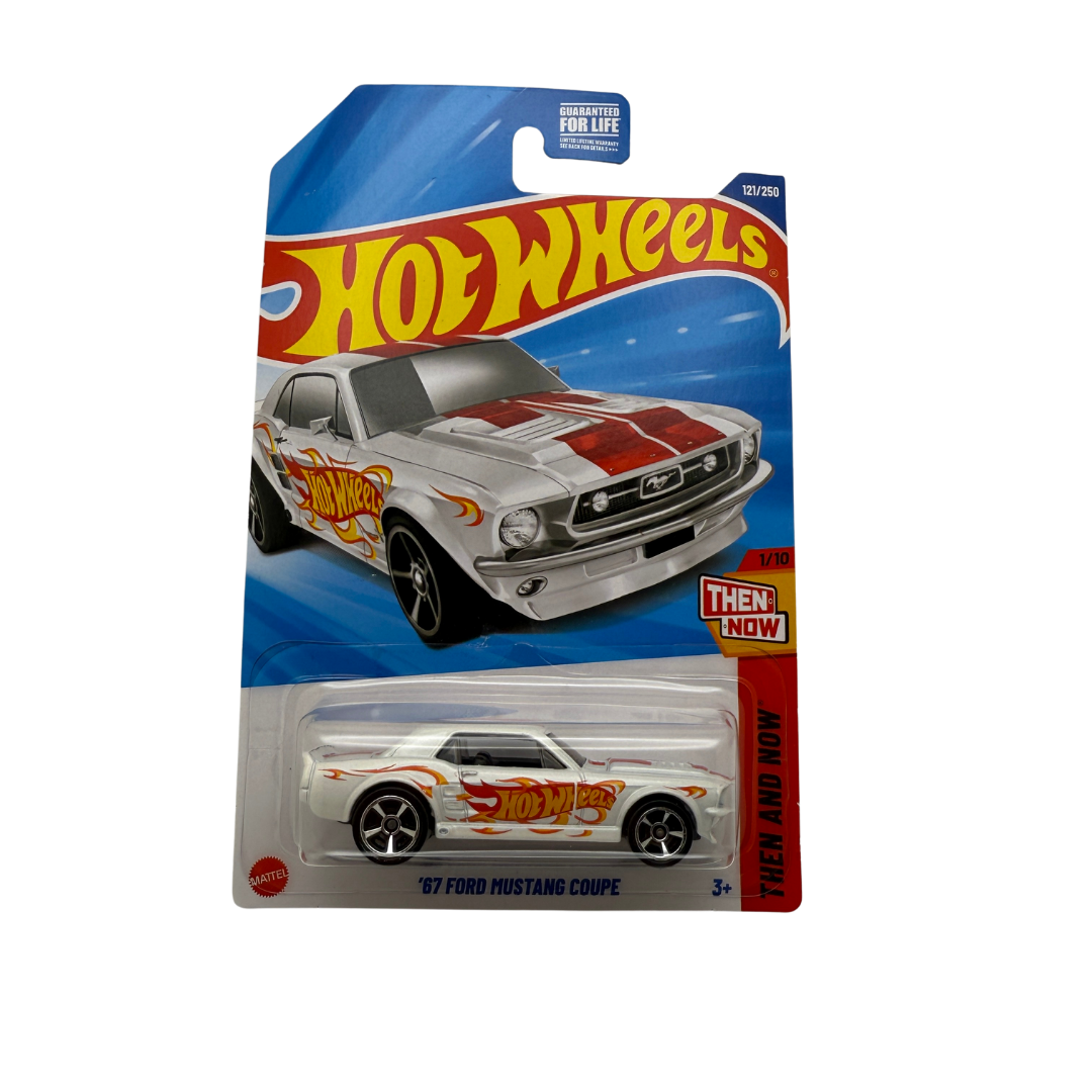 Hot Wheels '67 Ford Mustang Coupe – Then and Now Series | 1/10 | White with Red Flames (2023)