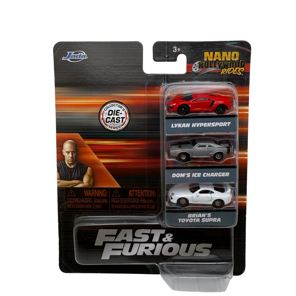 Fast & Furious Nano Hollywood Rides 3-Pack – Lykan Hypersport, Dom’s Ice Charger & Brian’s Toyota Supra (Jada Toys)