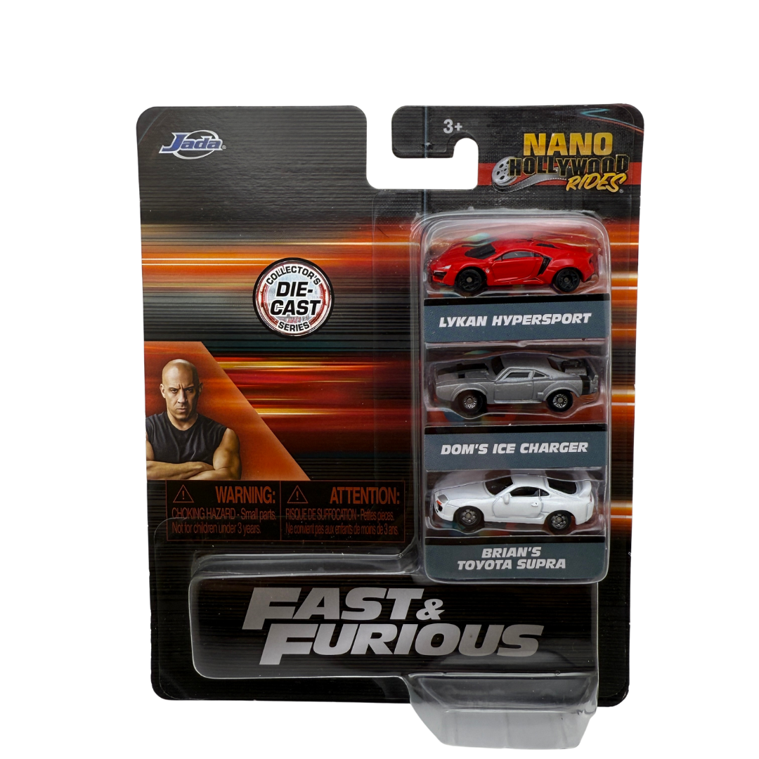 Fast & Furious Nano Hollywood Rides 3-Pack – Lykan Hypersport, Dom’s Ice Charger & Brian’s Toyota Supra (Jada Toys)