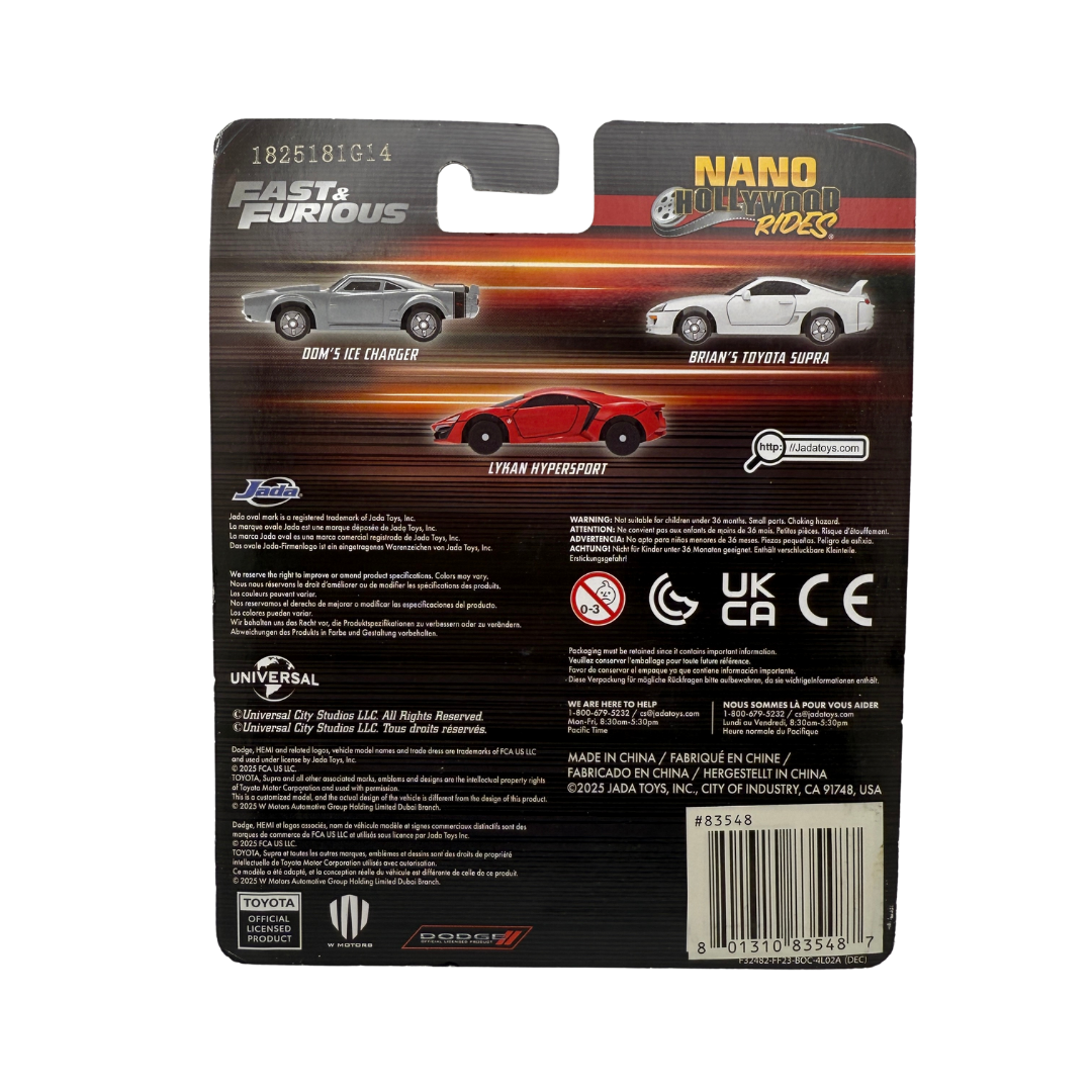 Fast & Furious Nano Hollywood Rides 3-Pack – Lykan Hypersport, Dom’s Ice Charger & Brian’s Toyota Supra (Jada Toys)