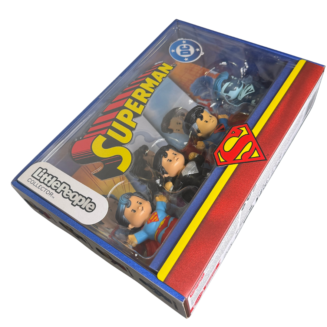 Little People Collector DC Superman Figure Set – Golden Age, Recovery Suit, Kingdom Come & Superman Blue – Mattel Fisher-Price – New in Box