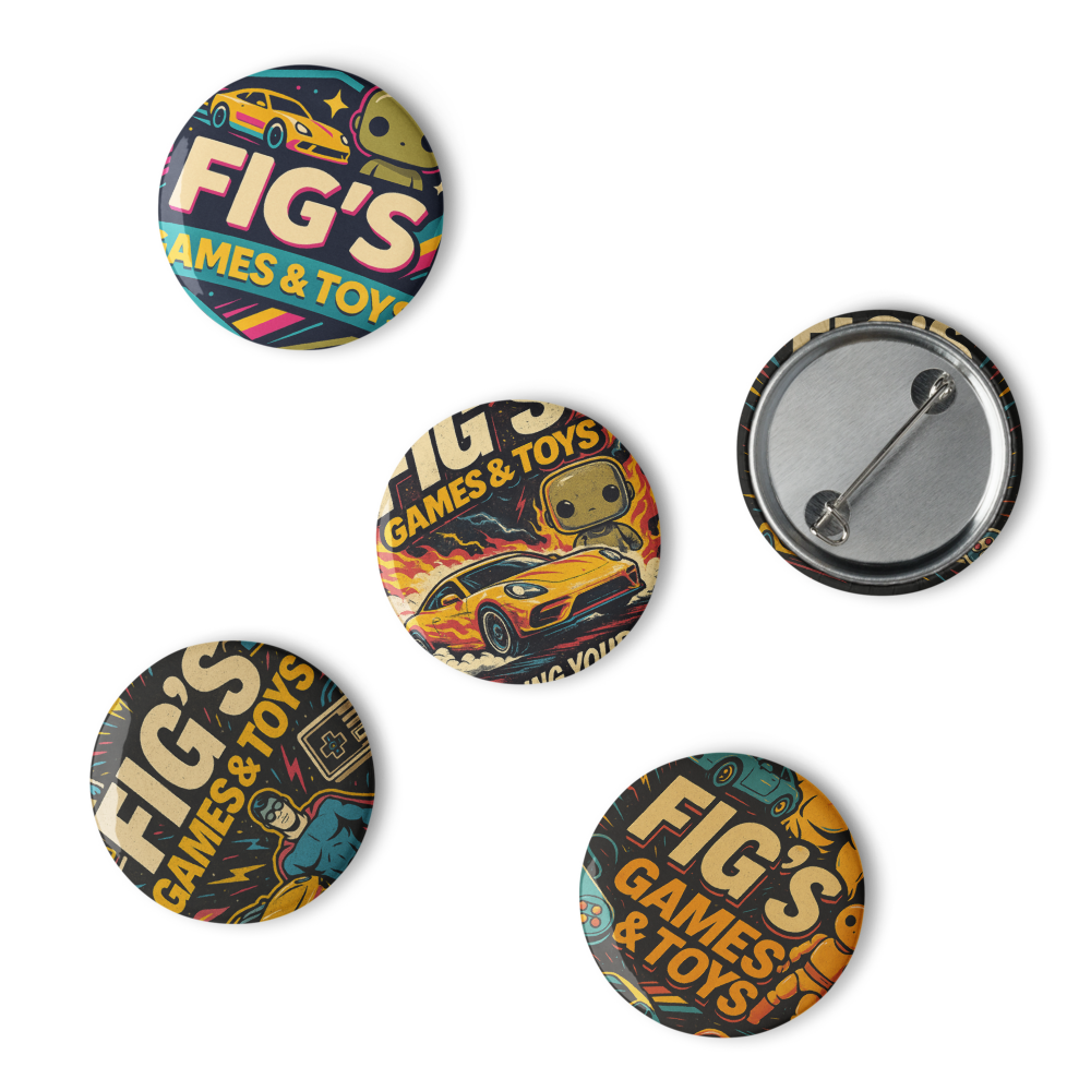Fig’s Games & Toys Retro Collectible Pin Button Set – Vintage Gamer & Toy Collector Badges (5-Pack)