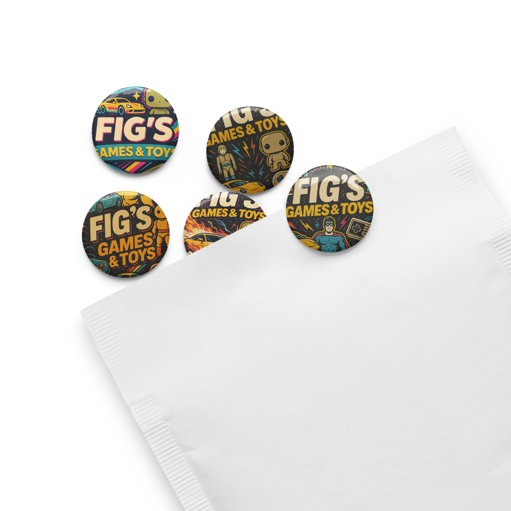 Fig’s Games & Toys Retro Collectible Pin Button Set – Vintage Gamer & Toy Collector Badges (5-Pack)