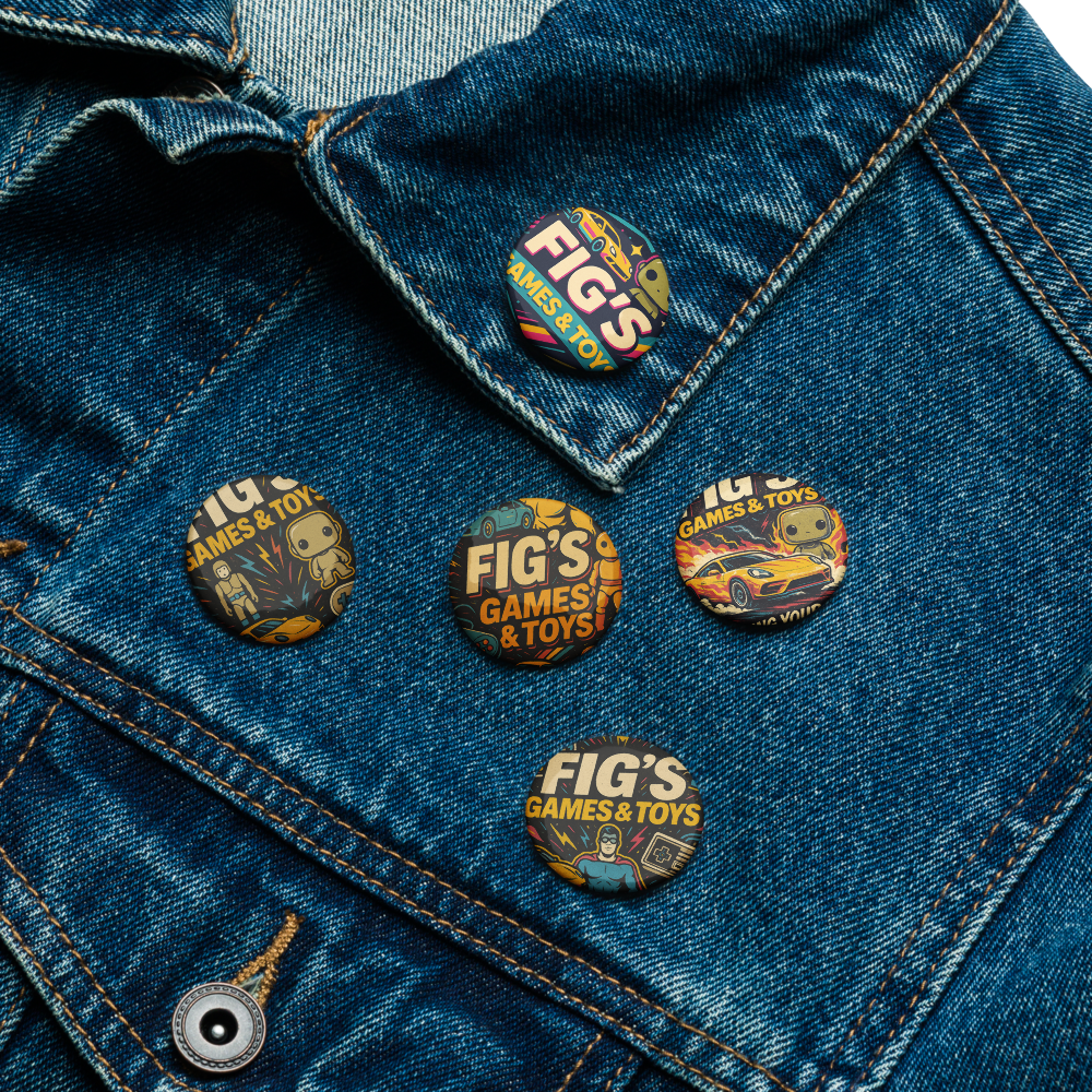Fig’s Games & Toys Retro Collectible Pin Button Set – Vintage Gamer & Toy Collector Badges (5-Pack)