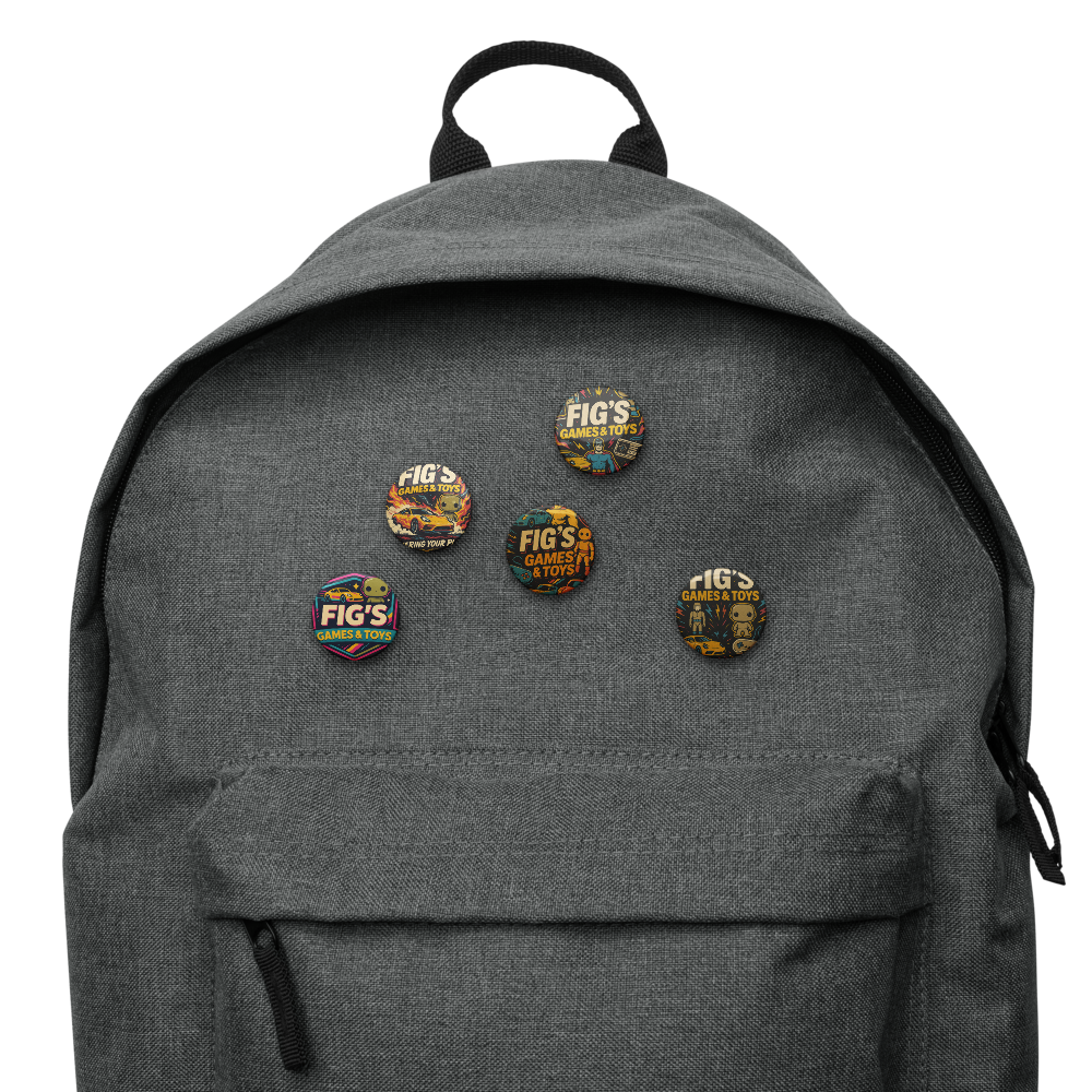 Fig’s Games & Toys Retro Collectible Pin Button Set – Vintage Gamer & Toy Collector Badges (5-Pack)